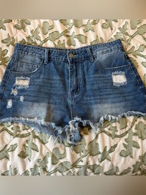 SHEIN Blue Distressed Frayed Hem Denim Shorts